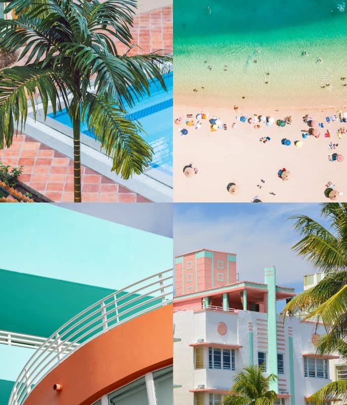 Collage of Miami including palm trees, beaches, and Art Deco architecture