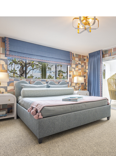 Bedroom with FLOR Hemline area rug shown in Pearl